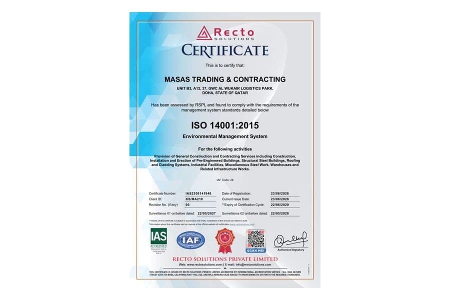 ISO 14001:2015 — certificate issued by Recto Solutions, showing the certificate number, audited scope and validity dates