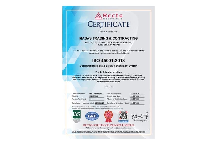 ISO 45001:2018 — certificate issued by Recto Solutions, showing the certificate number, audited scope and validity dates